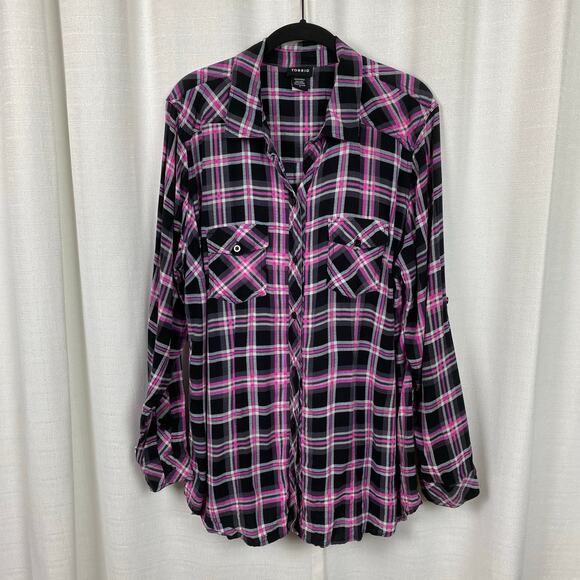 torrid Tops - Torrid Black&Pink Plaid Button Up Blouse Sz.2
